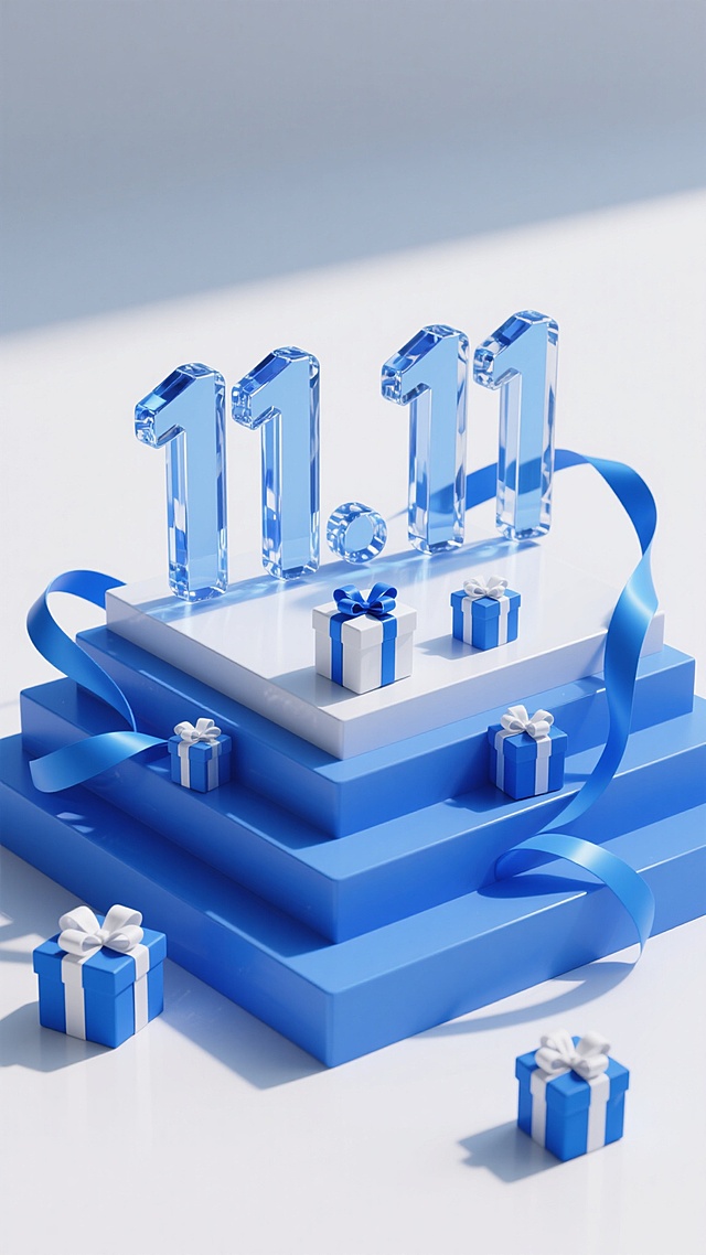 3D rendering, "11.11" transparent crystal numbers placed on a tiered platform composed of stacked blue boxes, with flowing blue ribbons curling around the platform, small blue gift boxes with white ribbons and a white gift box with blue ribbon placed around the base, vibrant blue color scheme (replacing original red), clean white background, soft top-down lighting creating subtle shadows and highlights on the boxes and crystal numbers, modern and minimalist aesthetic, high contrast between blue elements and white background, sense of depth through the tiered box arrangement, festive and promotional atmosphere suitable for e-commerce sales event, clear and prominent display of "11.11" as the central focal point, smooth and glossy surfaces on both the boxes and crystal numbers, dynamic ribbon movement adding a sense of liveliness, overall composition emphasizing hierarchy and visual flow, designed to quickly convey a promotional message to viewers.