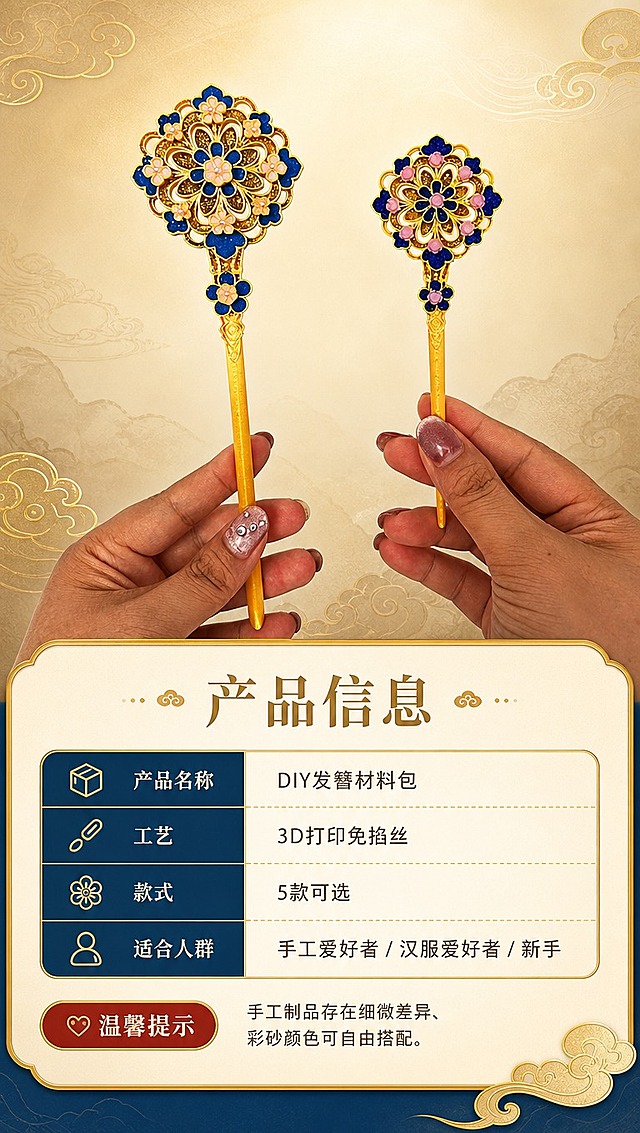 [商品] 使用【图8】大小两款团花发簪手持对比图；保留两款发簪的大小比例、造型结构、颜色和手持展示方式；商品处理：保留原貌，增强发簪质感，手部做自然美化。
[画面] 页面目标：规格信息与选购指南，提供尺寸参照。构图：上方产品展示（手持对比体现大小），下方规格信息卡。产品占画面50%位于上半部分。景别：中景。背景：浅金色渐变，底部圆角信息卡区域。
[视觉] 套系策略：风格=国风新中式轻奢商业摄影；标题字=宋体衬线粗体（国风典雅）；正文字=简洁无衬线体；主色=鎏金+宝蓝；背景延展=基于鎏金、宝蓝做深浅层级渐变，搭配暗纹祥云、宣纸质感底；强调色=朱砂红，仅用于小面积标签、引线和重点字；标题色=深金色；正文色=深棕灰；组件=金色描边圆角信息卡、云纹引线、圆点装饰；光影=均匀柔光，清晰展示产品和文字。
[文字] 主标题：产品信息；规格项：产品名称=DIY发簪材料包；工艺=3D打印免掐丝；款式=5款可选；适合人群=手工爱好者/汉服爱好者/新手；温馨提示=手工制品存在细微差异、彩砂颜色可自由搭配。规格信息卡位于画面下半部分，表格形式清晰排列。
[规格] 图片比例9:16竖版，4K分辨率，淘宝/天猫详情页风格，中文简体，避免变形、错字、文字过小、虚假参数、绝对化用语。