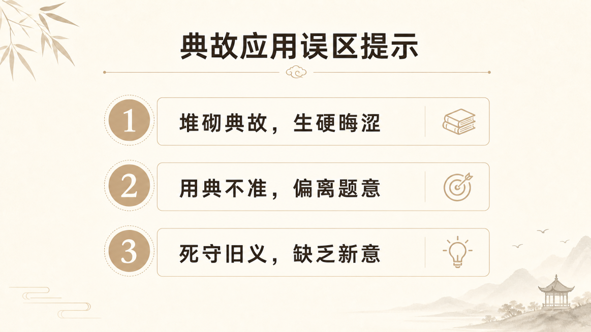 微课PPT内容页，标题“典故应用误区提示”，分点列出：1. 堆砌典故，生硬晦涩 2. 用典不准，偏离题意 3. 死守旧义，缺乏新意，淡米黄色简约背景，淡色调，清晰分条排版预览效果