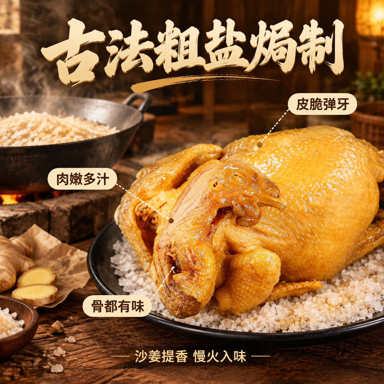 [主图-2] 古法盐焗整鸡核心卖点图，工艺溯源与品质信任。 [… - 图片创意预览