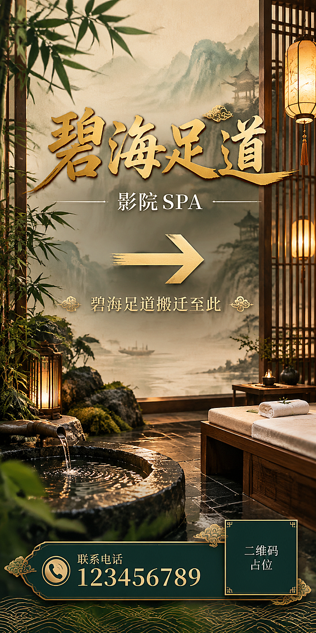 新中式洗浴足道海报，竖版6:12比例。背景为禅意新中式风格，水墨山水意境，木质格栅屏风，暖黄色灯笼光影，竹子与石头点缀，营造东方雅致的洗浴中心氛围。主标题"碧海足道"采用大气书法字体，深金色，位于画面上半部分居中。副标题"影院 SPA"在主标题下方，小号宋体，白色。画面中部有一个优雅的金色向右箭头→，箭头下方标注"碧海足道搬迁至此"。底部联系电话"123456789"，金色字体配深色底条。整体配色：米白+深木色+金色+墨绿，东方禅意高端风格。版式精美，留白舒适，文字清晰可读。画面中所有数字必须精确渲染，不得错位、遗漏或编造。画面中所有信息区域必须填充完整合理的内容，不得出现空白框、空白占位。画面中所有二维码区域使用纯色方块占位符呈现，方块中央标注"二维码占位"文字，严禁生成任何可识别的二维码图案。