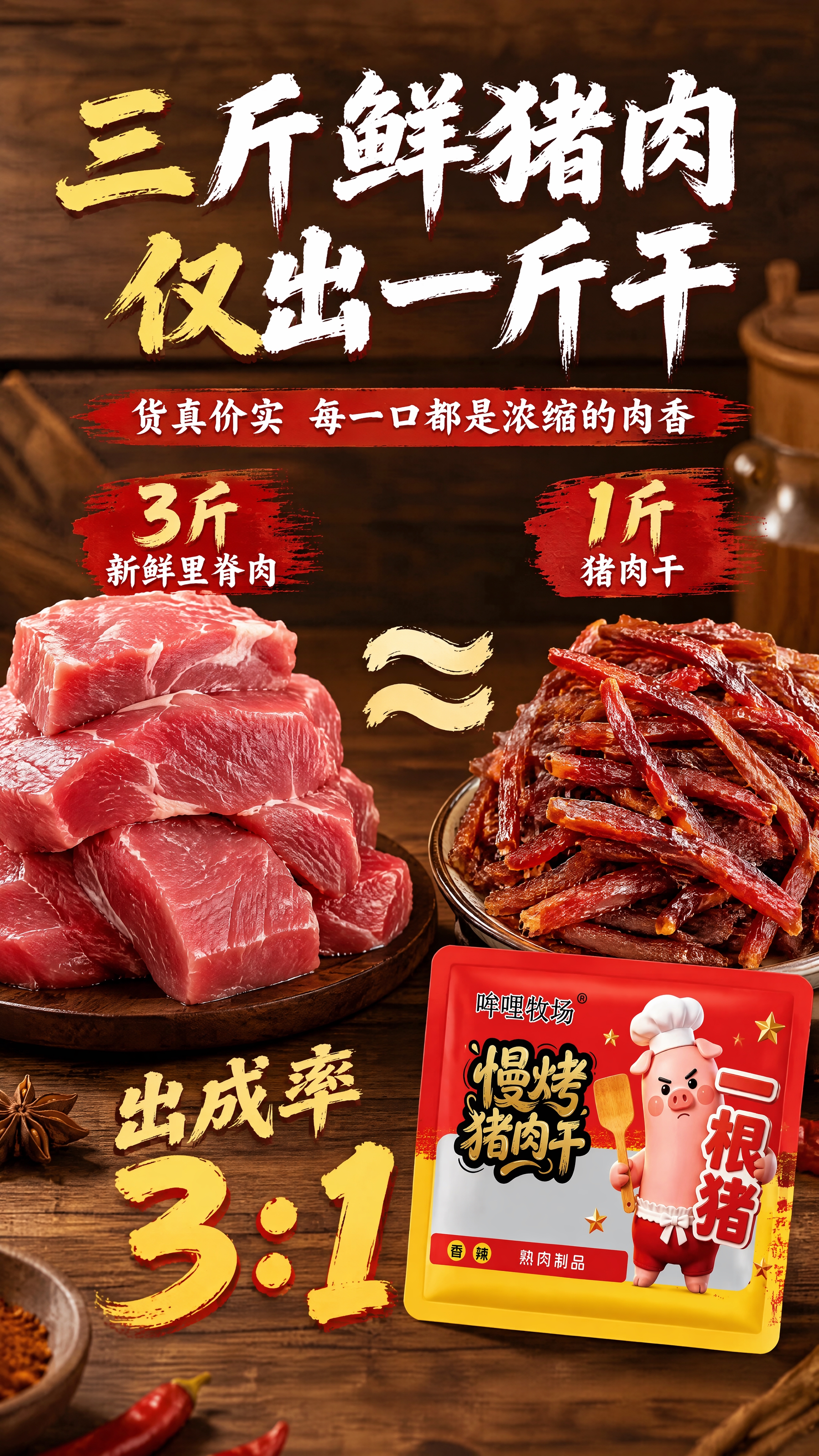 拼多多卖点图三斤出一斤，木质背景温暖质朴。左侧三斤新鲜里脊肉大… - 图片创意预览