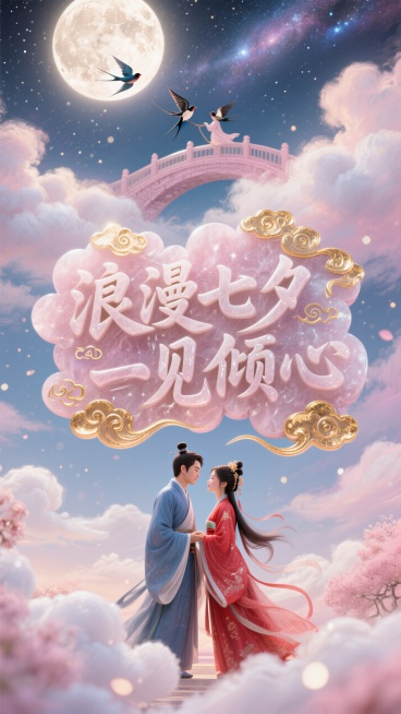 粉色海报设计风格，立体汉字“浪漫七夕 一见倾心”以行云流水的连笔书法呈现浮雕造型，仿和田玉材质透出温润光泽，笔划边缘包裹24K金箔祥云纹路，居中正视图，对称仰视构图，背景是圆圆的月亮映衬着牛郎和织女鹊预览效果