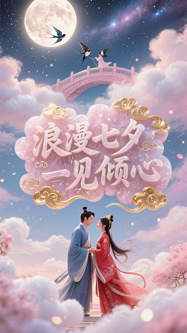 浪漫七夕，中式插画风，梦幻超现实主义，情侣云端相会，满月映衬，浪漫氛围浓。