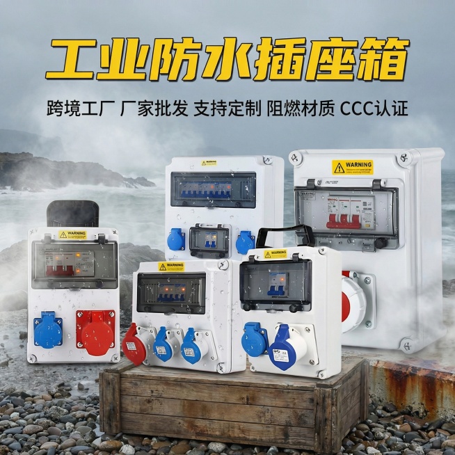 为工业防水插座箱制作跨境电商主图，添加文字"工业防水插座箱 跨境工厂 厂家批发 支持定制 阻燃材质 CCC认证"，背景为户外海边盐雾环境，产品在高湿度盐雾中稳定运行，突出防水防腐性能预览效果