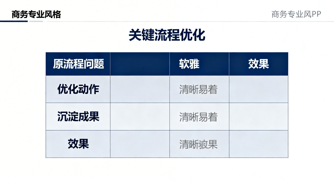 PPT页面，关键流程优化表格，列项为原流程问题、优化动作、沉淀成果、效果，商务专业风格，表格清晰直观预览效果