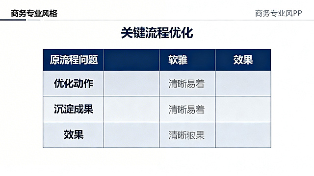 PPT页面，关键流程优化表格，列项为原流程问题、优化动作、沉淀成果、效果，商务专业风格，表格清晰直观