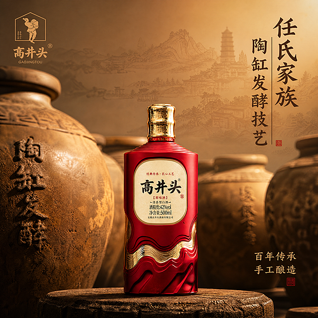 [主图-3] 高井头白酒核心工艺展示图。[氛围风格] 传统酿造工艺文化，古朴真实质感。[画质] 商业摄影质感、光线柔和通透、产品清晰真实、画面干净高级。[元素] 保持白酒瓶外观与原图绝对一致，产品放置在中心位置，周围古朴陶缸元素背景，体现传统陶缸发酵主题，背景点缀安庆山水纹理。商品主体占比合理，画面满屏无边框。左上角保留品牌logo。[光影] 柔和侧光突出陶缸纹理和产品质感，明暗层次清晰。[配色] 陶缸土黄色调搭配红色产品，古朴自然配色。[视角构图] 中心构图，产品完整展示。[文字版式] 上方大字主文案"任氏家族"，下方大字"陶缸发酵技艺"，竖向排版，传统字体，深色清晰可读，右下方补充小字"百年传承 手工酿造"。[比例分辨率] 1:1比例，2048x2048像素，4k分辨率，文字清晰可辨，超高清。[负向提示词] 变形，水印，文字错乱，产品图模糊，背景杂乱。