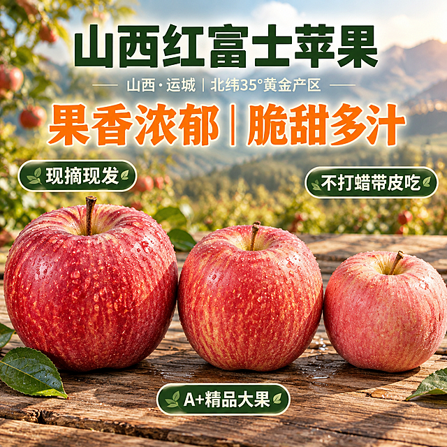 京东电商主图，800×800像素，1:1比例。背景为户外老旧木质餐桌台面，木纹清晰可见，午后暖光从侧上方自然洒落，远处是虚化的山西运城果园环境，营造日常真实生活感。中央偏下位置是3个山西运城红富士苹果一字水平排开：1个88mm特大深红色果（果形近圆形但一侧略扁，红色带深浅不一的条纹，表面有天然果粉和细微果点，果梗粗壮偏长）、1个76mm鲜红色中果（着色度约80%，红黄相间，果面有轻微果锈，果梗中等）、1个68mm浅红色小果（红色偏浅，果形圆润但表面有细微疤痕，果梗短）。3个苹果大小差异明显，呈现自然生长的不完美真实感。苹果外观、颜色、纹理、果粉质感与参考商品图一致。文案排版：顶部"山西红富士苹果"采用大字号，颜色为深绿色（#2F4F2F），加粗突出；其下方"山西·运城｜北纬35°黄金产区"采用中偏小字号，颜色为米白色（#F5F5DC）；八个字卖点"果香浓郁｜脆甜多汁"采用超大字号，颜色为暖橙色（#FF8C00），作为整张图的视觉焦点，展示在苹果主体区域。三个固定标签左右分散：左侧圆角矩形"现摘现发"、右侧圆角矩形"不打蜡带皮吃"、正下方圆角矩形"A+精品大果"。8K高清，写实静物摄影风格，真实水果质感，午后暖光氛围，苹果表面有自然水珠。文字占比小于30%，一图一重点。画面中不得出现箱子、包装、京东Logo、水印、平台标识。负向：变形、错字、模糊、杂乱、水印、平台Logo、悬浮、穿模、不真实连接。