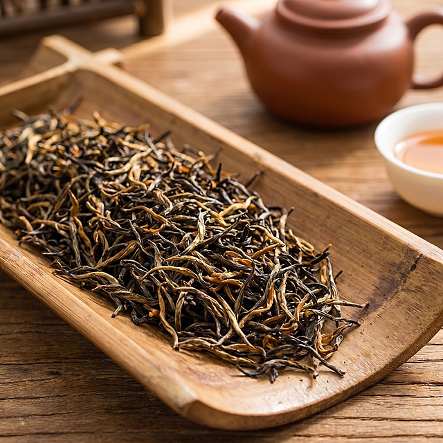 拼多多爆款电商主图，金骏眉散茶铺在竹制托盘上，特写展示茶叶干茶形态，暖调自然光，质感柔和，突出茶叶原料的品质，1:1正方形构图