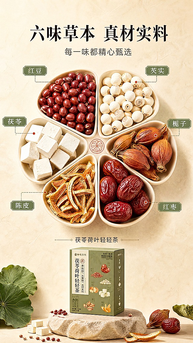 [商品] 本张为成分原料专张，以真实原料实拍为主，产品包装盒为辅；产品包装盒参考【图1】外观，置于画面底部中央，占画面约10%，保留豆绿色主色与正面文字，结构保真。
[画面] 目标：第3张 成分原料专张，6大草本原料微距展示，原料元素占主画面≥70%。构图：中央放射式布局，6种原料环绕分布，每种原料独立区块配名称标签。上方大标题区，中部6种原料呈花瓣状排列，底部产品包装盒。6种原料分别为：红豆（左上，颗粒饱满红亮，微距特写）、芡实（右上，白色圆粒，纹理清晰）、茯苓（左中，白色方块状，粉质质感）、栀子（右中，黄褐色果实）、陈皮（左下，橙黄色切丝，油室清晰）、红枣（右下，深红色饱满带褶皱）。每种原料占画面≥12%，真实食材摄影质感。背景为暖米杏色浅渐变，带细微宣纸纹理。
[视觉] 套系策略：风格=新中式草本养生商业摄影风；标题字=宋体粗体（思源宋体 Heavy）；正文字=简洁无衬线体（思源黑体 Regular）；主色=暖米杏+豆绿；背景延展=基于暖米杏做深浅层级、同色渐变和细腻大理石/宣纸质感；强调色=赭石红，仅用于小面积图标、引线、标签和印章点缀；标题色=深炭黑；正文色=中暖灰；组件=圆角浅底信息卡、细线引线、中式印章元素；光影=左前侧45°暖柔光，柔和阴影，通透自然。
[文字] 顶部主标题"六味草本 真材实料"（宋体粗体，深炭黑）；主标题下方副标题"每一味都精心甄选"（无衬线体，中暖灰）；每种原料旁配名称标签："红豆""芡实""茯苓""栀子""陈皮""红枣"（豆绿色圆角小标签，白字）；底部产品包装盒上方小字"茯苓荷叶轻轻茶"；所有文字横排，清晰可读。
[规格] 图片比例9:16竖版，4K，medium质量；避免变形、错字、文字过小、原料失真、冷蓝背景、医疗功效承诺。