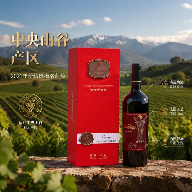 「图片1」「图片1」，生成电商主图（8张），商品名称是尊尼诗庄园.天使干红，卖点是智利原瓶原装进口红酒
13.5 度梅洛干红，8 个月橡木桶陈酿
中央山谷产区，2021 年份精选梅洛葡萄
单支高端礼盒预览效果
