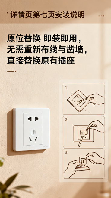 详情页第七页，安装说明介绍，文案内容"原位替换 即装即用，无需重新布线与凿墙，直接替换原有插座"，简约图文排版，参考模版暖棕色调预览效果