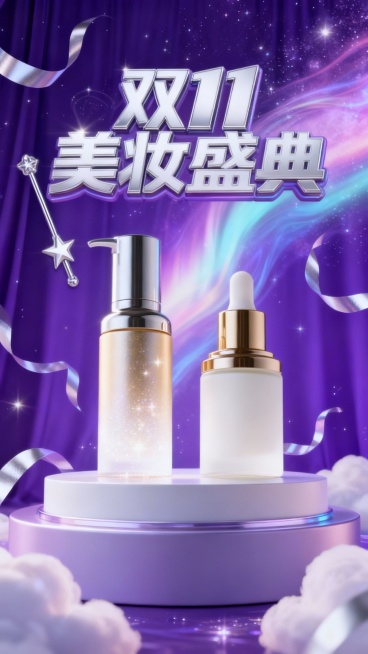 这是一张双 11 美妆促销海报，以紫色星空幕布为背景营造梦幻感。中央银色立体大字 “双 11 美妆盛典” 搭配流动的极光装饰。图片上的美妆产品调整为和星空场景适配的比例，星光打在产品上，左侧放置着银色预览效果