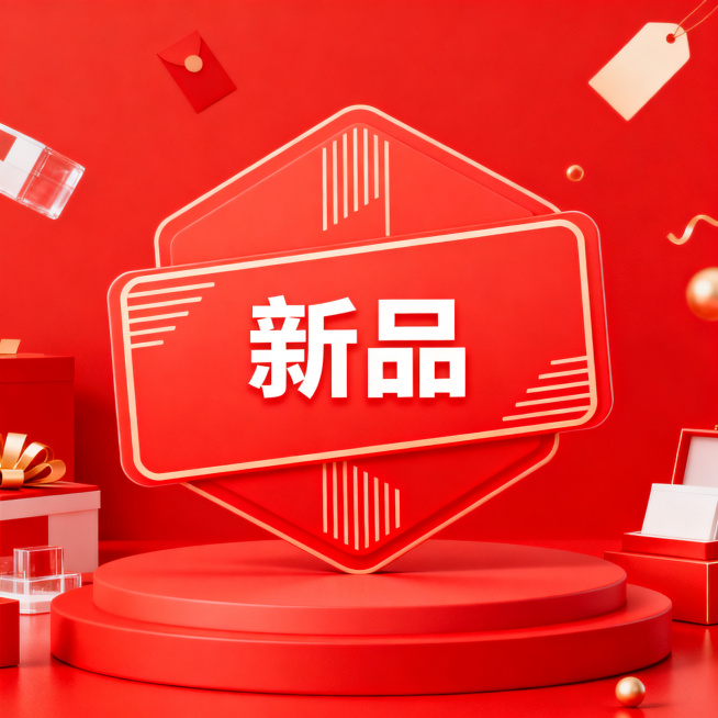 现代电商新品上市主题PPT插画，红色明亮背景，现代简约风格，包含新品标签元素预览效果