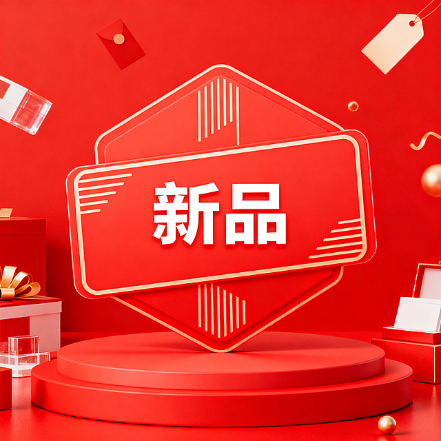 现代电商新品上市主题PPT插画，红色明亮背景，现代简约风格，包含新品标签元素