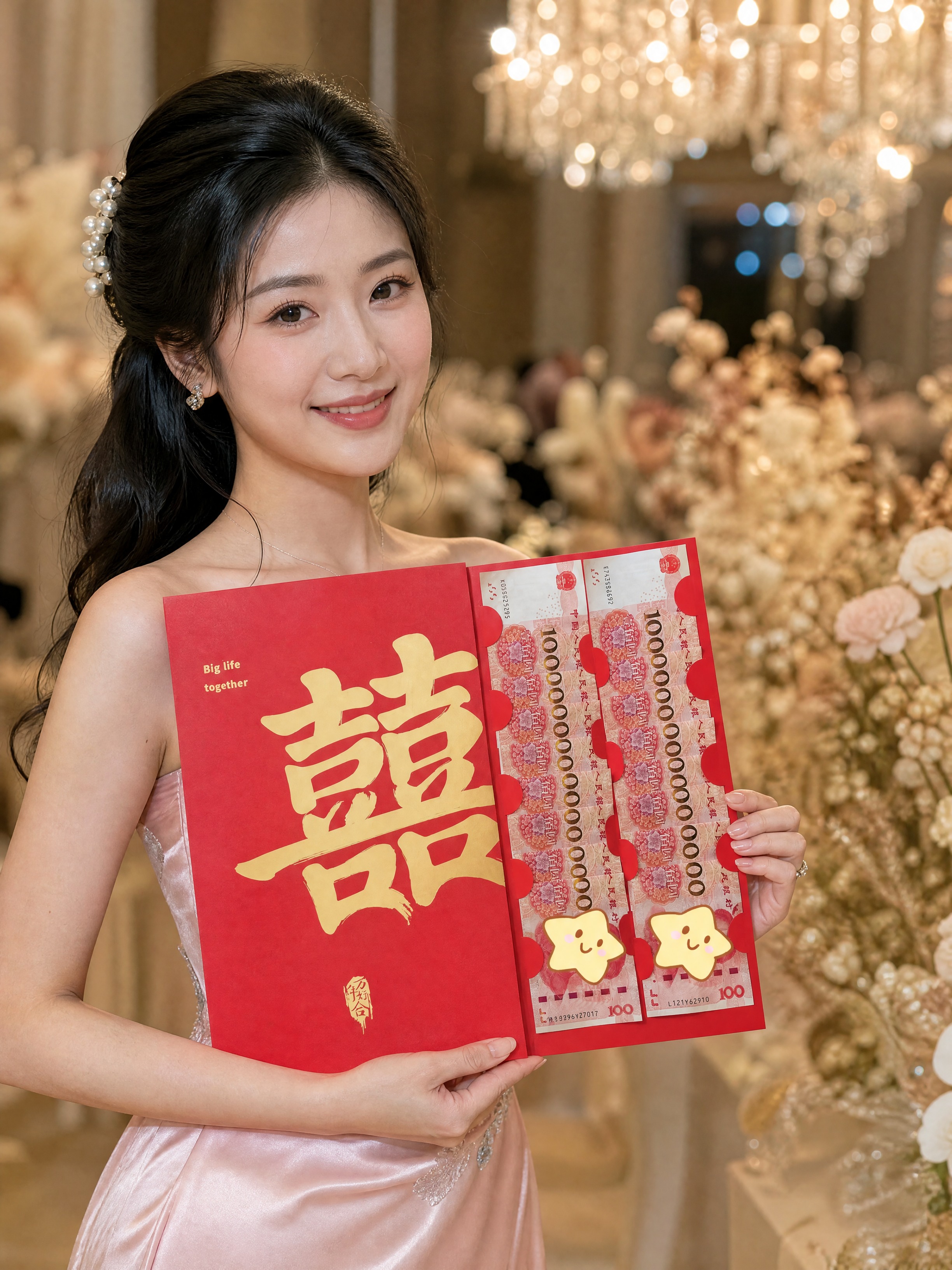 写实人像摄影，室内订婚宴高级宴会厅场景，年轻东亚新娘，身穿浅粉… - 图片创意预览