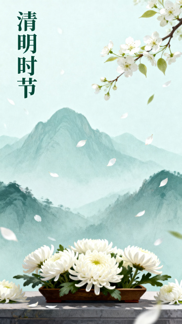清明节主题海报，画面有淡雅青山、飘落的梨花，前景摆放祭祀的白菊，整体色调柔和清冷，左上角添加文字标题"清明时节"，整体风格国风诗意，适合作为祭祀追思主题海报。预览效果