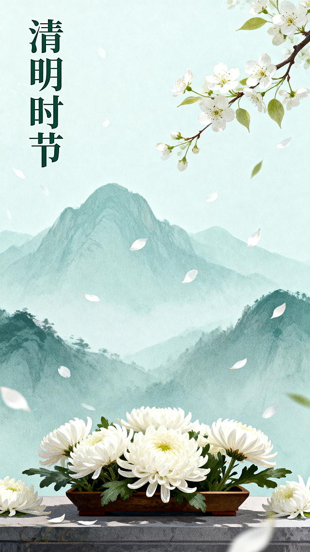 清明节主题海报，画面有淡雅青山、飘落的梨花，前景摆放祭祀的白菊，整体色调柔和清冷，左上角添加文字标题"清明时节"，整体风格国风诗意，适合作为祭祀追思主题海报。