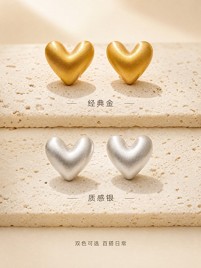 [主图-3] 拉丝爱心耳钉 细节与佩戴展示 双色款陈列。
[统一基调] 整体风格：高级轻奢精致商业摄影；背景主色：奶油米白+浅香槟金渐变；标题字色：深暖棕；辅助字色：中暖灰；强调色：香槟金；字体样式：纤细优雅无衬线体+小号手写英文装饰；卡片/图标/边框：极细金线、圆角浅底信息卡。
[画面] 金色款和银色款爱心耳钉上下陈列展示，主体占画面约60%。上方金色款，下方银色款，每款左右对称两只，放置在米白色洞石岩板上。两款耳钉造型完全一致，仅颜色不同，清晰展示双色可选。金色款下方标注 "经典金"，银色款下方标注 "质感银"。画面底部有小号文字 "双色可选 百搭日常"。
[光影质感] 商业珠宝摄影质感，均匀柔光照射，金色呈现温暖的磨砂金质感，银色呈现冷调高级的磨砂银质感，两款颜色对比鲜明，金属质感同样细腻。
[配色] 背景奶油米白，金色暖调与银色冷调形成对比又和谐共存，整体高级感强。
[文字版式] 每款下方居中标注颜色名称，纤细无衬线体，深暖棕色；底部一行辅助文案，中暖灰色，字号较小。
[输出要求] 比例3:4竖版，2K分辨率，两款耳钉造型一致颜色准确，文字清晰，无水印无平台Logo，不变形。