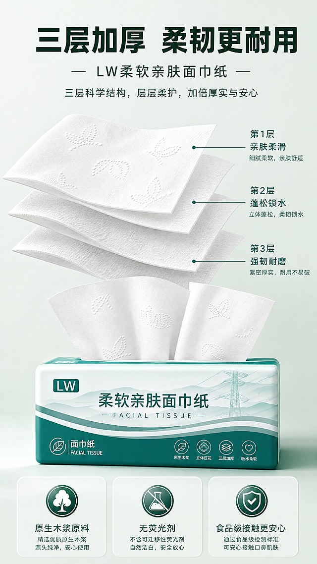 [商品] 使用【图1】LW品牌柔软亲肤面巾纸；保留包装墨绿色+白色主色调、LW Logo、包装文字与功能图标；抽出的纸巾做分层剖面展示，清晰呈现三层纸张结构，每层纹理可见；保留立体压花纹理。
[画面] 目标：材质结构解析页，说明三层加厚与原生木浆的品质来源。构图：上中下结构，顶部标题，中部纸巾分层剖面展示为视觉主体（占画面约50%），底部3个材质卖点；阅读动线从上到下。前中后景：背景浅绿渐变，中层纸巾分层悬浮展示，前景文字与引线标注。
[视觉] 套系策略：风格=清新洁净家居商业摄影风，柔和自然光；标题字=粗黑体，厚重有力；正文字=常规黑体，清晰易读；主色=墨绿（取自包装深绿色区域）；背景延展=基于墨绿做浅绿渐变、同色系深浅层次、细腻纸张纹理质感；强调色=米白色，仅用于小面积图标、标签和高光点缀；标题色=深墨绿；正文色=中灰绿；组件=圆角信息卡、细线引线标注、简约图标；光影=左前侧柔和漫射光，纸巾层间有自然光影过渡，整体通透有层次。
[文字] 顶部主标题：三层加厚 柔韧更耐用；中部引线标注三层结构：第1层亲肤柔滑、第2层蓬松锁水、第3层强韧耐磨；底部3个材质卖点：原生木浆原料、无荧光剂、食品级接触更安心。所有文字横向排版，引线从纸巾各层引出，不遮挡主体纹理。
[规格] 图片比例9:16竖版，4K分辨率，避免变形、错字、文字过小、冷蓝灰背景、产品颜色改变、结构夸张失真。