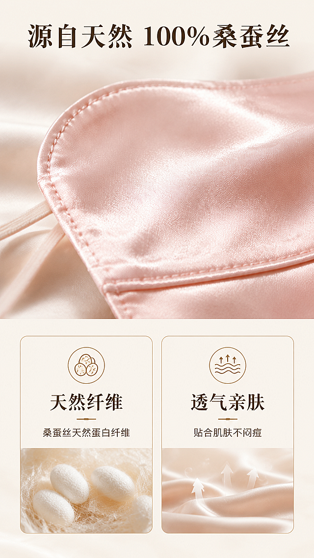 [第2屏] 材质解析专屏-100%桑蚕丝真丝口罩核心材质解析。
[氛围/风格] 自然高级质感，柔和纹理背景，专业成分解析风格，画面干净简约有高级感。
[阴影质感] 顶部柔和主光，突出丝绸纤维纹理质感，纤维纹理处有细节高光，整体明暗层次清晰。
[元素布局] 画面上半部分放置一张放大的真丝口罩局部微距特写，展示桑蚕丝细腻光泽纹理，特写占画面约45%；下半部分为网格信息区，分两个信息模块，分别介绍材质来源和核心优势。保持产品材质光泽和结构与原图一致。
[配色色系] 全局底色：#f8f5f0（米白柔纱）；主体配色：口罩真丝自然色+浅棕纤维纹理；文字色：深棕#2b2b2b+浅棕#8b6e51高亮。
[视角构图] 微距特写在上，信息网格在下，上下结构，竖版构图，主体特写居中清晰。
[文字版式] 顶部主标题「源自天然 100%桑蚕丝」，深棕色粗体居中；第一网格模块主标题「天然纤维」，副标题「桑蚕丝天然蛋白纤维」，第二网格模块主标题「透气亲肤」，副标题「贴合肌肤不闷痘」；文字排版清晰，行距舒适，每个模块搭配简约小图标，不遮挡主体微距特写。
[比例分辨率] 9:16竖版比例，4K分辨率，文字清晰可辨，超高清画质。
[负向提示词] 纹理模糊，材质失真，颜色偏差，文字错乱，排版混乱，水印，结构变形，背景杂乱。