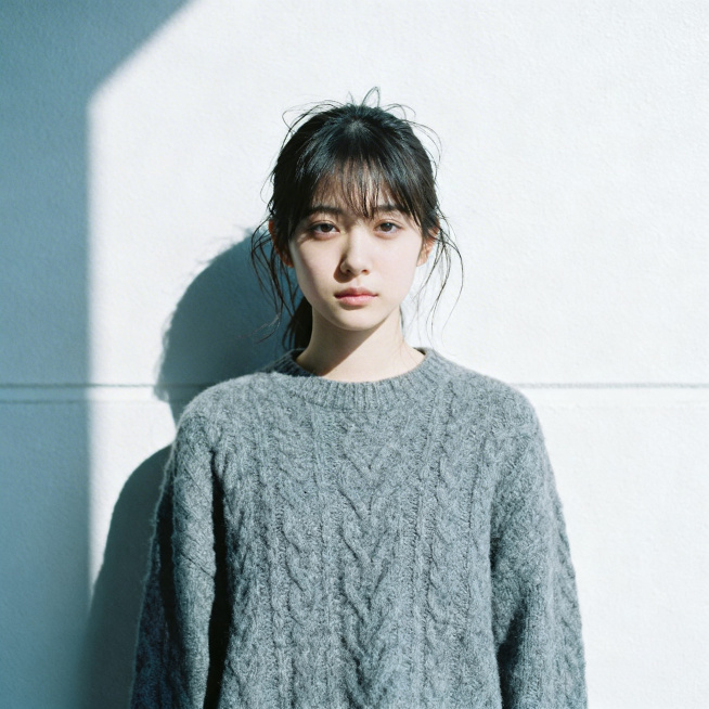 写实人像摄影，清冷少女，灰色毛衣，白墙背景，冷调光感，质感高级预览效果