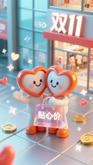 银灰 + 橙红 + 淡蓝主色调。2个金属光边爱心（橙红）贴在一起，手里拿着全息透明购物袋，购物袋上写着“贴心价”。开心的表情在打招呼，飘浮着很多粒子星星 / 全息爱心 / 光效钱币。背景是一座玻璃幕墙预览效果