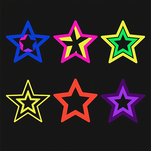 纯黑背景，极简现代风格，6个完全不同造型的同系列几何星形装饰图案素材集合，保持原设计的简洁线条与抽象美感，每个星形拥有独特的棱角数量、线条粗细与内部结构变化，整体色彩变换为高饱和对比色系（如深邃蓝、荧光粉、明黄、翠绿、橙红、紫罗兰），单个元素边缘锐利清晰，无渐变无阴影，规整地以2x3网格形式排布，画面视觉层级分明，信息传达高效，具有强烈的现代设计感与装饰性，适合作为系列海报或平面设计素材。