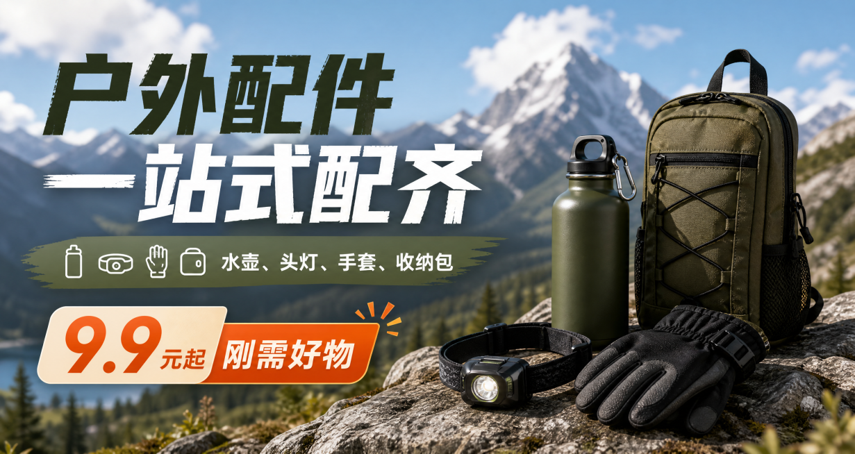 轮播海报4：尺寸750×400px，风格为实景山野图加文字叠加，户外小件特惠主题，主标题'户外配件 一站式配齐'，辅文案'水壶、头灯、手套、收纳包'，添加促销标'9.9 元起 刚需好物'，整体风格统一预览效果