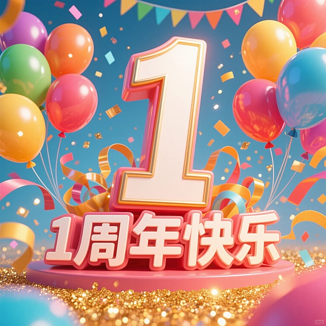 软3D风搭配鎏金粒子，喜庆色彩碰撞，气球与彩带环绕，营造出梦幻的1周年庆典氛围。