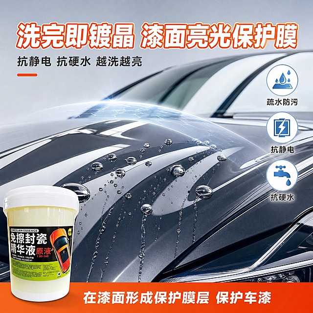 [主图-5] 漆面保护效果 亮光保护膜层 封瓷镀晶效果展示
[统一基调] 浅色洁净背景 浅灰渐变加柔和光晕 专业汽车美容风格 主标题白色粗体加橙色描边 辅助文字深灰色 强调色为橙红色 字体为现代无衬线粗体 字号层级分明 卡片采用圆角轻阴影样式
[画面] 画面主体是一辆光亮照人的汽车漆面特写 占画面约70% 车漆表面有清晰的环境倒影 呈现镜面效果 漆面上方有一层淡淡的透明保护膜光晕效果 有水滴在漆面上形成水珠滚落 展示疏水效果 左下角放产品桶的局部 占比约20% 作为产品关联 旁边有抗静电和抗硬水的小图标
[光影质感] 高端汽车美容摄影质感 漆面高光如镜 倒影清晰 水珠有通透感 保护膜层有微光效果 产品桶光影自然
[配色] 背景浅灰到浅蓝渐变 车漆深灰色带高光反射 水珠透明带高光 图标淡蓝色 文字白橙配色
[文字版式] 顶部大标题 "洗完即镀晶 漆面亮光保护膜" 下方副标题 "抗静电 抗硬水 越洗越亮" 右侧三个小图标加文字 "疏水防污" "抗静电" "抗硬水" 底部标注 "在漆面形成保护膜层 保护车漆" 文字放在上下负空间 不遮挡漆面主体
[输出要求] 1:1正方形 漆面效果真实 文字清晰 产品外观准确 禁止变形 错字 模糊 水印 平台Logo