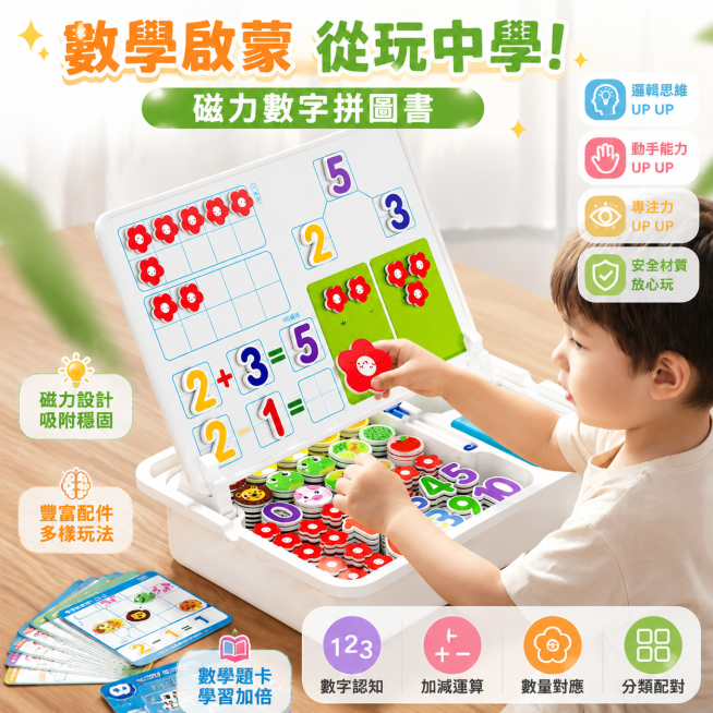 生成台湾虾皮平台热销商品主图，展示这款儿童数学启蒙磁力拼图玩具，商品图要有吸引力激发购买欲，不要出现价格，所有文字为繁体中文，整体风格明亮清新，突出玩具的益智早教特点，保留原产品和小孩操作的场景预览效果