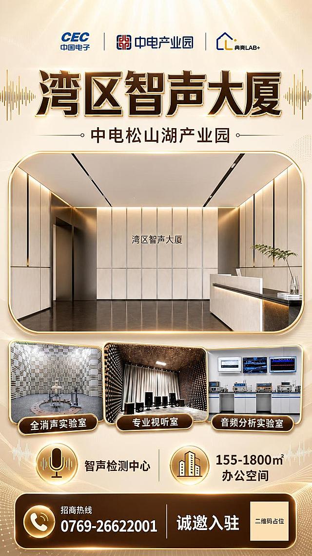 基于参考图进行创意美化升级，保留所有文案内容和信息结构，大幅提升视觉设计感和创意层次。整体风格：高端科技商务风，米白+深棕+金色点缀配色。创意美化方向：1. 背景增加渐变光效和声波线条装饰元素，呼应"智声"主题，顶部和底部加入柔和的光晕效果；2. 主标题"湾区智声大厦"增加精致的金色渐变描边或立体浮雕效果，字体更有设计感，两侧加入声波图形装饰；3. 大堂主视觉图增加弧形金色边框，底部加柔和投影，增加悬浮感；4. 三张实验室小图做成错落叠加的卡片式布局，每张图有金色细边框和轻微阴影，图片下方标签做成圆角胶囊形状，背景深棕金字；5. 两个卖点图标（麦克风、建筑）做成金色渐变圆形图标，增加质感，图标有轻微发光效果；6. 底部招商热线区域做成深棕色渐变底栏，白色文字，电话图标金色，增加高级感；7. 整体增加细微的声波纹理底纹，营造声学科技氛围；8. 增加光影层次，顶部有光束效果，整体画面更有空间感和高级感。保留全部文字："湾区智声大厦"、"中电松山湖产业园"、"全消声实验室"、"专业视听室"、"音频分析实验室"、"智声检测中心"、"155-1800㎡办公空间"、"招商热线 0769-26622001"、"诚邀入驻"。画面中所有数字必须精确渲染。画面中所有二维码区域使用纯色方块占位符呈现，方块中央标注"二维码占位"文字。版式精美，高端科技商务风格，有创意有设计感。
