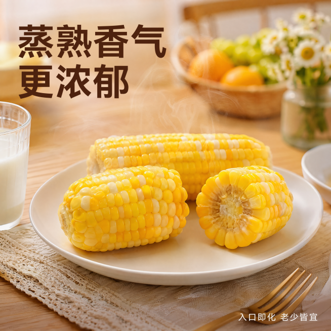 [主图-4] 家庭餐桌食用场景展示图
[氛围风格] 生活化代入感，温馨治愈，体现老少皆宜
[画质] 商业摄影质感、光线柔和通透、产品清晰真实、画面干净高级
[元素] 保持输入玉米外观颜色与原图一致。场预览效果