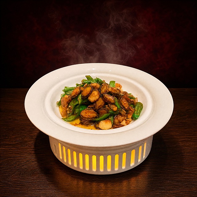 菜品（青椒炒鲍鱼片）严格参照第一张上传产品图，完整保留所有可见组件、部件、轮廓形状、结构、比例、材质质感、颜色与上传图完全一致。
室内餐饮桌面场景，深棕暖暗色调，高级美食摄影氛围。
菜品盛放在白色宽边深碗中，碗置于白色带竖条镂空的保温炉座上，炉座透出暖黄色灯光，整体摆放在深棕色木质桌面上。背景为深暗红色渐变暗调，带有升腾的热气烟雾，营造刚出锅的热乎感。
主光从斜前方45°照射，暖调侧光突出菜品油亮质感；产品受光面泛起暖棕金色、暗部映射深红木色光晕，与环境物理融合，无悬浮感、无硬边剪切感。
中景构图，菜品居中，微侧20°俯视视角。
全量换款清单：①承载桌面：参考图深棕色哑光桌面 → 生成图深棕色胡桃木纹理桌面（同木质深棕，换纹理）；②背景：参考图深暗红渐变暗调 → 生成图深酒红暗调背景（同暗调红，换色调层次）；③热气烟雾：参考图上方白色蒸汽 → 生成图上方轻薄暖雾蒸汽（同热气，换形态分布）；④碗具炉座：参考图白色宽边碗+白色镂空炉座 → 生成图白色宽边深碗+白色竖条镂空保温炉座（同白色陶瓷炉座，换镂空造型）。
消除品牌文字。4K分辨率，严格锁定宽高比为1:1。