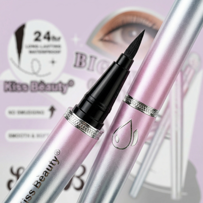 生成Kiss Beauty眼线笔的细节特写图，放大展示笔尖、笔身包装材质和工艺细节，突出产品做工质感提升信任度，产品为参考图中的粉色银渐变包装眼线笔预览效果