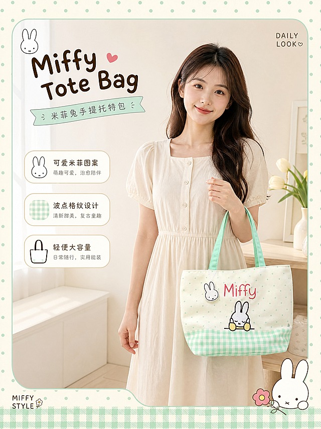 [商品] 使用【图1图2】米菲MiFFY薄荷绿波点格纹刺绣米菲兔手提托特包；保留所有外观特征，包型饱满，刺绣清晰。
[画面] 第6张主造型模特展示页，目标展示手提上身效果。年轻亚洲甜美女生正面站立，单手自然手提包包，包包位于身体侧前方，展示手提的背法效果和整体大小比例。女生穿着浅米色简约连衣裙，留着柔顺中长发，妆容精致，姿态自然放松。背景是清新明亮的室内场景，浅色墙面和简约装饰，柔和自然光。包包是视觉焦点。
[视觉] 套系策略：风格=软萌治愈系米菲IP童趣插画风 清新复古；标题字=圆润可爱童趣字体；正文字=简洁圆润无衬线体；主色=奶白色+薄荷绿；背景延展=基于奶白和薄荷绿做深浅层级 同色渐变 波点格纹纹理质感；强调色=粉色 仅用于小面积图标引线标签；标题色=深棕色；正文色=暖灰色；组件=圆角浅底信息卡 细线引线 可爱图标；光影=柔和自然光 治愈系暖调。
[文字] 右上角小号英文装饰「DAILY LOOK」，左下角小号英文「MIFFY STYLE」。不遮挡包包和人物主体，文字弱化存在感。
[规格] 图片比例3:4竖版，4K，避免变形错字文字过小 冷蓝背景 产品颜色改变 水印平台logo。