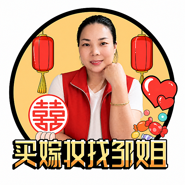 将图1中的卡通人物替换为图2中的真实人物，保持人物姿势（手托下巴）和位置不变。人物穿着红色马甲和白色内搭（替换原图2的深色马甲）。背景保持原样：黄色圆形背景、左右两个红色灯笼、右侧红色爱心和糖果装饰、底部'买嫁妆找邹姐'文字和'囍'字圆形标志全部保留不变。整体风格为圆形灯箱设计，输出尺寸为2000×2000像素正方形（适配2000mm圆形灯箱），画面居中圆形构图