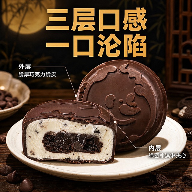 [主图-2] 核心亮点 巧克力脆皮与冰淇淋内馅双层口感展示
[统一基调] 国内电商食品主图 暖调高级质感 自然真实摄影风 无PS痕迹 中秋节日氛围 深棕巧克力色为主色 暖金月色为点缀色 米白为辅助色 主标题用粗厚黑体 副标题用细黑体 整体干净有食欲
[画面] 画面中央展示两个冰淇淋月饼 一个完整的放在白色陶瓷盘上 巧克力脆皮表面有精美的中秋传统花纹浮雕 光泽细腻 另一个被从中间切开 切面朝向镜头 清晰展示三层结构 最外层是厚约3毫米的深棕色巧克力脆皮 中间层是奶白色香草冰淇淋 内馅中心是深色的巧克力流心或奥利奥碎混合层 切面层次分明 冰淇淋绵密有气孔感 巧克力脆皮酥脆有断裂纹理 盘子放在深棕色木质桌面上 背景是虚化的中秋元素 远处有朦胧的圆月和竹影 旁边散落着几颗巧克力豆和一小撮奥利奥碎作为装饰 产品占画面约70% 视角为正面平视略微偏俯视
[光影质感] 柔和的侧上方暖光 巧克力表面有明显的光泽高光 冰淇淋切面呈现细腻的绵密质感 流心部分有微微的光泽感 整体光影自然 类似窗边自然光 产品下方有柔和的投影
[配色] 深棕色巧克力为主 奶白色冰淇淋为辅 背景暖木色与暖黄月光 点缀深棕巧克力豆 整体暖调高级
[文字版式] 画面上方居中主标题 三层口感 一口沦陷 字体粗黑体 暖金色 主标题下方左右两侧分别标注 外层 脆厚巧克力脆皮 和 内层 绵密冰淇淋夹心 用细引线指向对应层次 文字为白色细黑体 背景有轻微半透明深色底增加可读性
[输出要求] 1:1正方形 2048x2048 2K分辨率 产品清晰锐利 层次分明 文字清晰可读 自然真实摄影质感 禁止出现蜜雪冰城logo 禁止出现任何品牌水印 禁止变形 禁止模糊 禁止PS痕迹过重