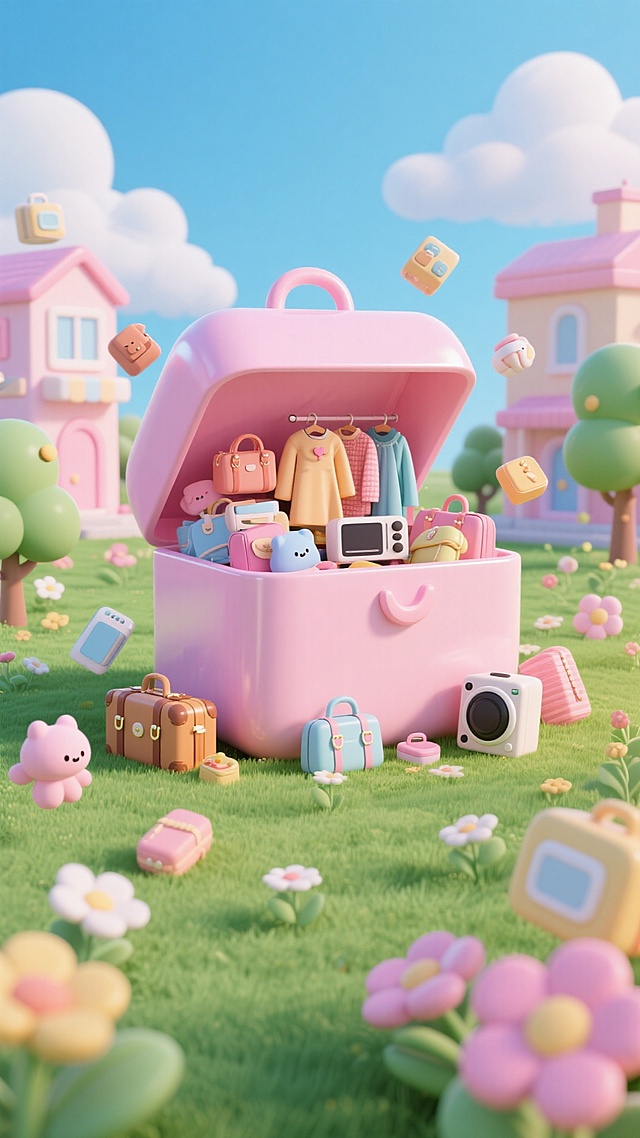 草地上巨大粉色购物盒，里面和周围装满并环绕各类可爱商品（服饰、箱包、电器等），周围有马卡龙色系卡通建筑、树木、花朵，还有漂浮的商品与小装饰元素，背景是晴朗蓝天与白云