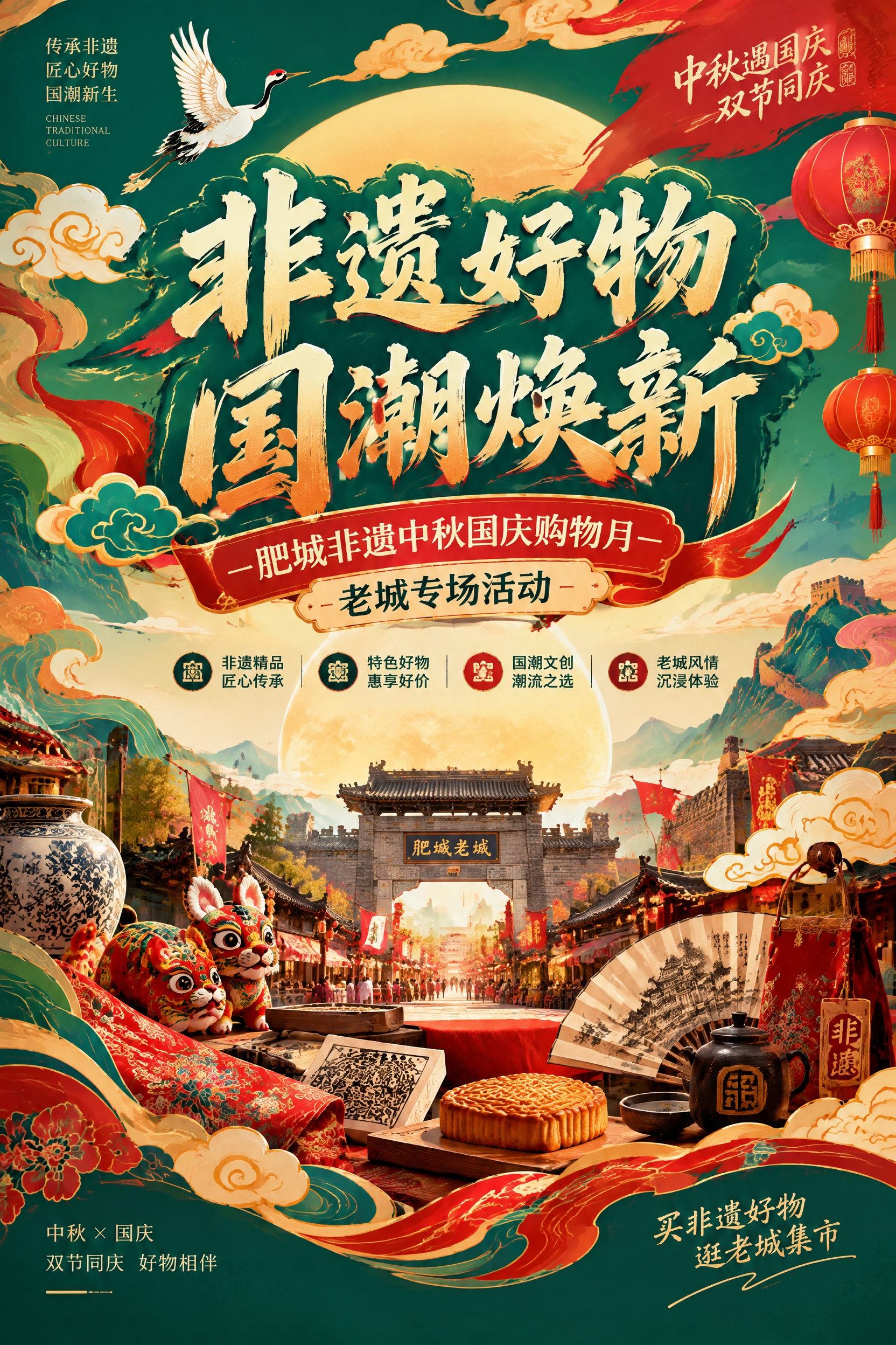竖版国潮风格活动海报，绿红黄橙为主色调，时尚潮流国潮元素，画面… - 图片创意预览