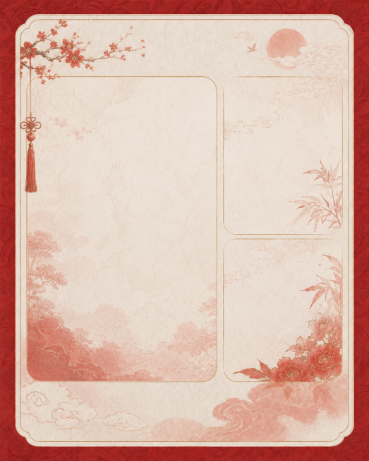 去掉原图片中的干花团扇实物照片，在红色底板的浅色底板区域添加中式古风传统装饰元素，保留整体红色调，保持左侧大区域右侧两小区域的排版结构，不添加文字预览效果