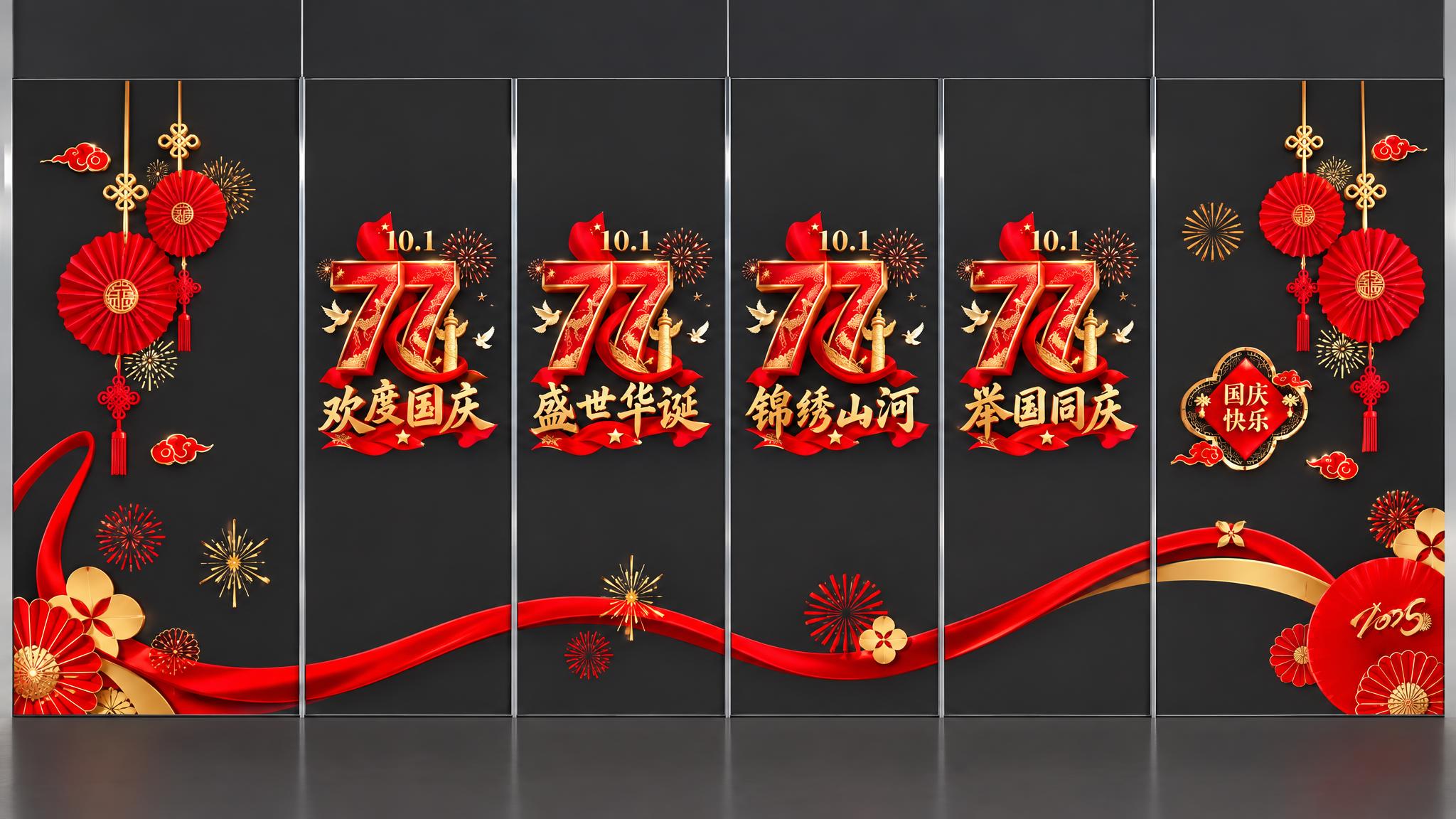 77周年国庆玻璃门贴设计，六扇连屏组合，深灰色哑光背景，红金配… - 图片创意预览