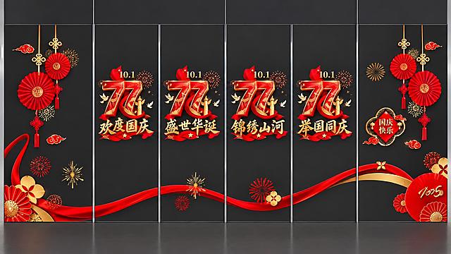 77周年国庆玻璃门贴设计，六扇连屏组合，深灰色哑光背景，红金配色。左右两扇最宽（141cm）：顶部悬挂红色折扇灯笼、中国结、祥云挂饰，底部有红色飘带和金色花朵装饰，右侧扇面有"国庆快乐"如意形印章。中间四扇等宽（87cm）：每扇中央是大号立体数字"77"，上方标"10.1"，数字周围有和平鸽、烟花、华表元素，下方分别是"欢度国庆""盛世华诞"锦绣山河"举国同庆"金色书法字，底部红色飘带贯穿六屏，点缀烟花和花朵图案。整体喜庆大气，现代中式风格，商场玻璃门静电贴效果，高清精致