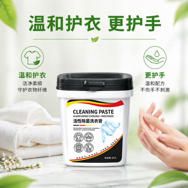 [主图 3] 温和护衣更护手卖点图，自然安全风格。商业摄影质感，光线柔和通透，产品清晰真实，画面干净高级。保持产品外观与输入产品图绝对一致，杜绝任何变形和色差，精细化处理。洗衣膏产品居中放置，分左右两预览效果
