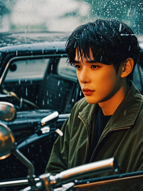 一个男生，车边，雨天预览效果