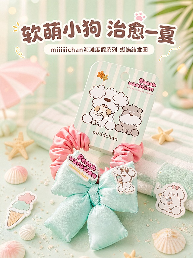 [商品] 使用【图1】miiiiichan海滩度假系列蝴蝶结小狗发圈；保留薄荷绿充棉蝴蝶结、粉色缎面大肠圈、亚克力Beach vacation字牌、白色小狗冰淇淋牌、miiiiichan品牌吊牌的完整结构、颜色、材质和图案文字；自然理顺大肠圈褶皱，增强缎面光泽和充棉蝴蝶结的饱满立体感，不改变版型和比例。
[画面] 页面目标：氛围头图，突出软萌治愈的IP联名第一印象。商品主角型构图，主体发圈位于画面中央偏下，占画面55%，45度俯拍角度；前景散落迷你海星、小贝壳、冰淇淋贴纸等海滩度假小道具，中景是发圈主体，后景为薄荷绿条纹背景+柔和光斑，营造夏日海滩度假的软萌氛围；≥3层环境元素。
[视觉] 套系策略：风格=软萌复古童趣商业摄影；标题字=圆润粗黑体；正文字=圆角无衬线体；主色=薄荷奶绿+蜜桃粉；背景延展=基于薄荷奶绿做深浅层级、同色竖条纹渐变和细腻哑光纸张质感；强调色=奶黄色，仅用于小面积图标、引线和标签；标题色=深棕粉；正文色=暖灰棕；组件=圆角白底信息卡、虚线引线、圆点装饰；光影=左前侧暖柔光，柔和阴影。
[文字] 画面上方留白放主标题「软萌小狗 治愈一夏」，副标题「miiiiichan海滩度假系列 蝴蝶结发圈」；主标题大而醒目，副标题稍小，均为横排，不遮挡发圈主体和小狗牌。
[规格] 图片比例3:4竖版，4K分辨率，负向提示：避免变形、错字、文字过小、冷蓝背景、发圈颜色改变、蝴蝶结扁塌、吊牌文字错乱、绝对化用语。
