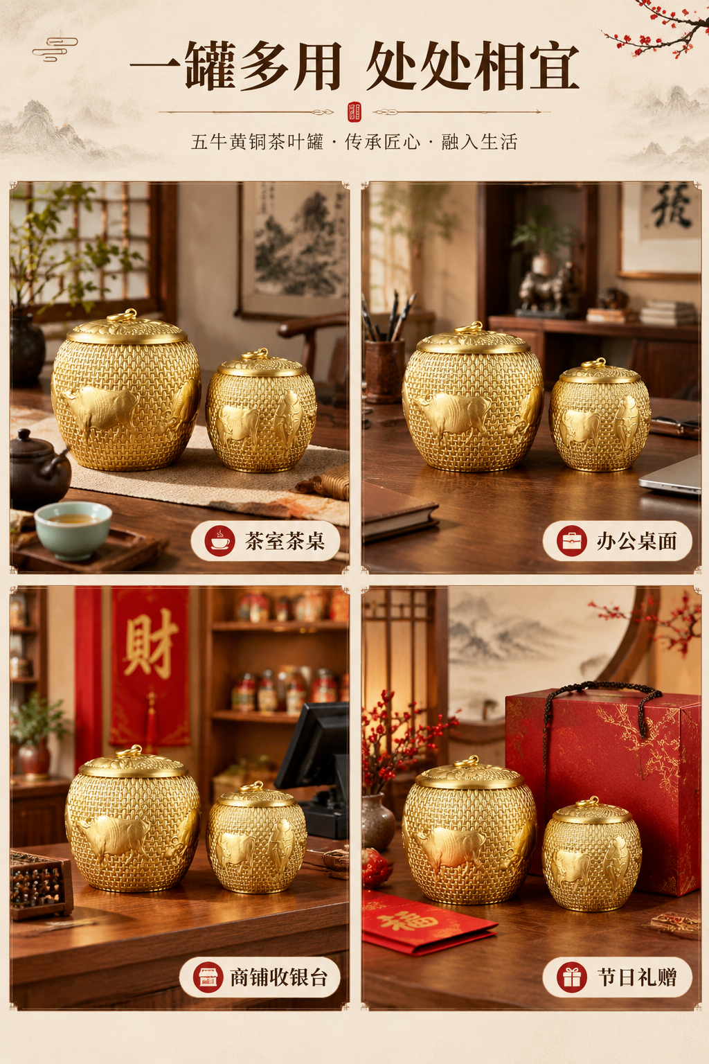 [商品] 使用【图6】【图10】五牛黄铜茶叶罐（中号+大小号对… - 图片创意预览
