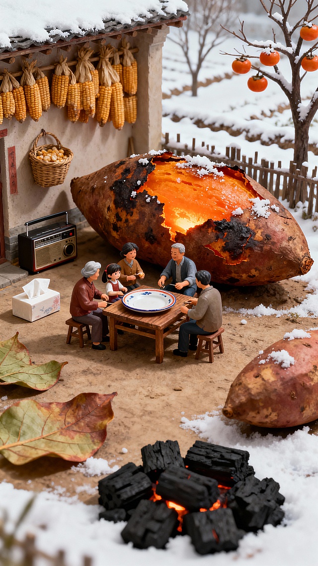 微缩艺术风与粘土风结合，重拟物手法呈现冬日围炉场景，超现实主义巨红薯烘火，质朴感与温馨感交织，拼贴风细节诉说乡村故事。